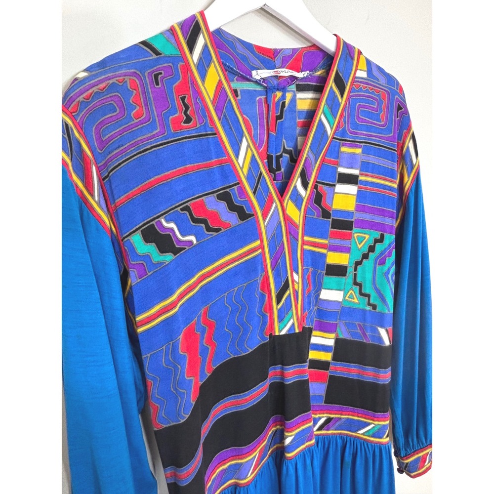 Studio Leonard Paris Vintage Blue Geometric Abstract Print Drop Waist Dress - Picture 3 of 16